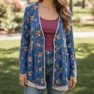 Oneine New Elegance XL $78 Blue Pink Floral Button Layered Peplum Cardigan Top
